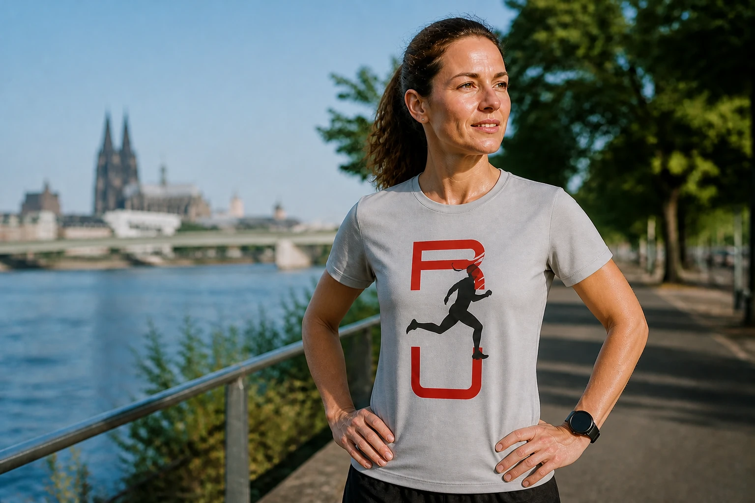 Läuferin mit individuell gestaltetem Laufshirt am Rhein