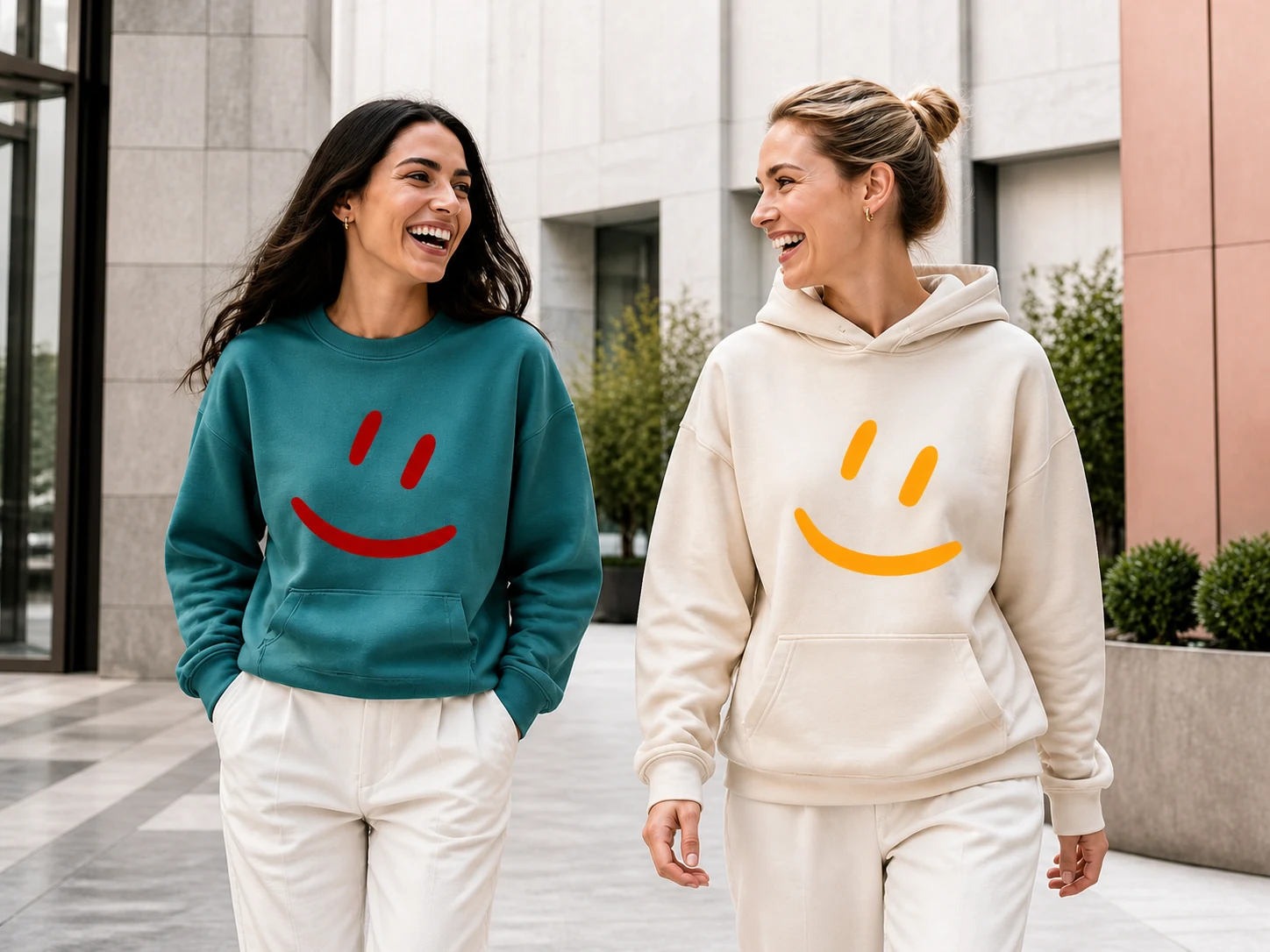 Zwei Freundinnen mit rotem und orangefarbenem Re-Print Smiley auf Sweatshirt und Hoodie