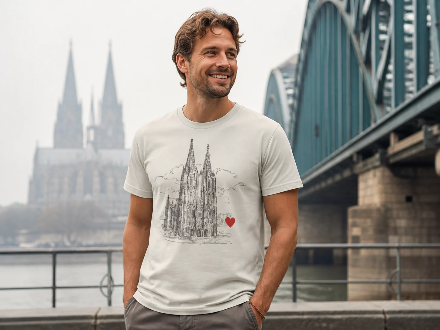 Mann mit Kölner-Dom-Motiv und rotem Herz auf hellem T-Shirt