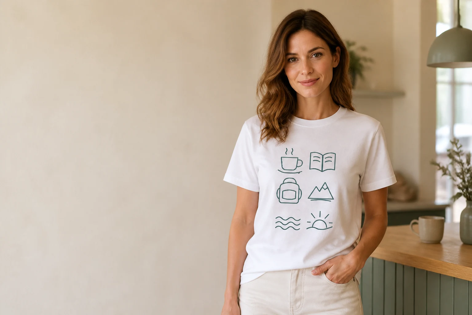 Beispielshirt mit petrolfarbenen KI-Symbolen für Kaffee, Bücher, Wandern, Berge, Meer und Sonnenaufgang