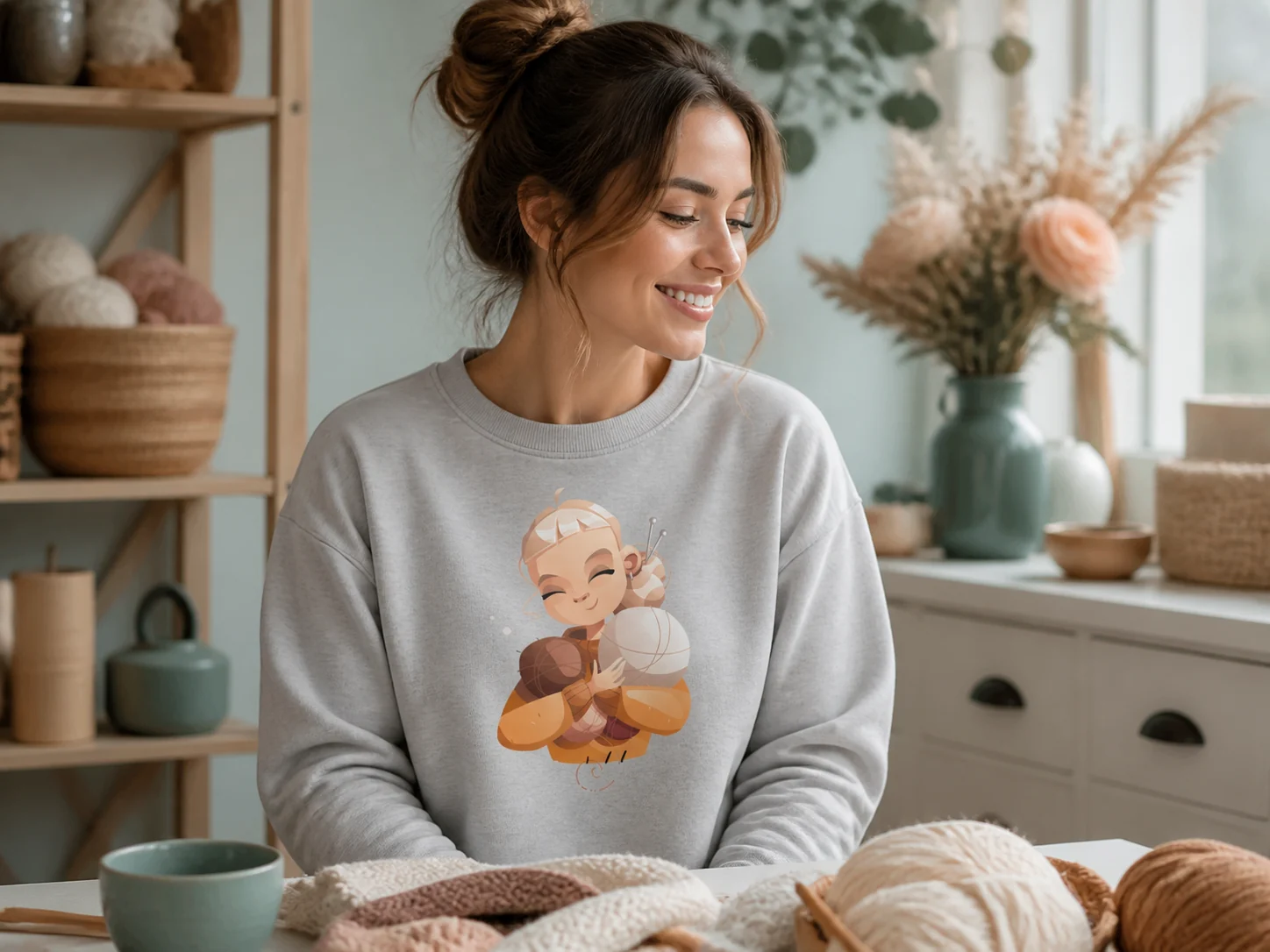 Frau mit Re-Print Wolle-Motiv auf einem grauen Sweatshirt