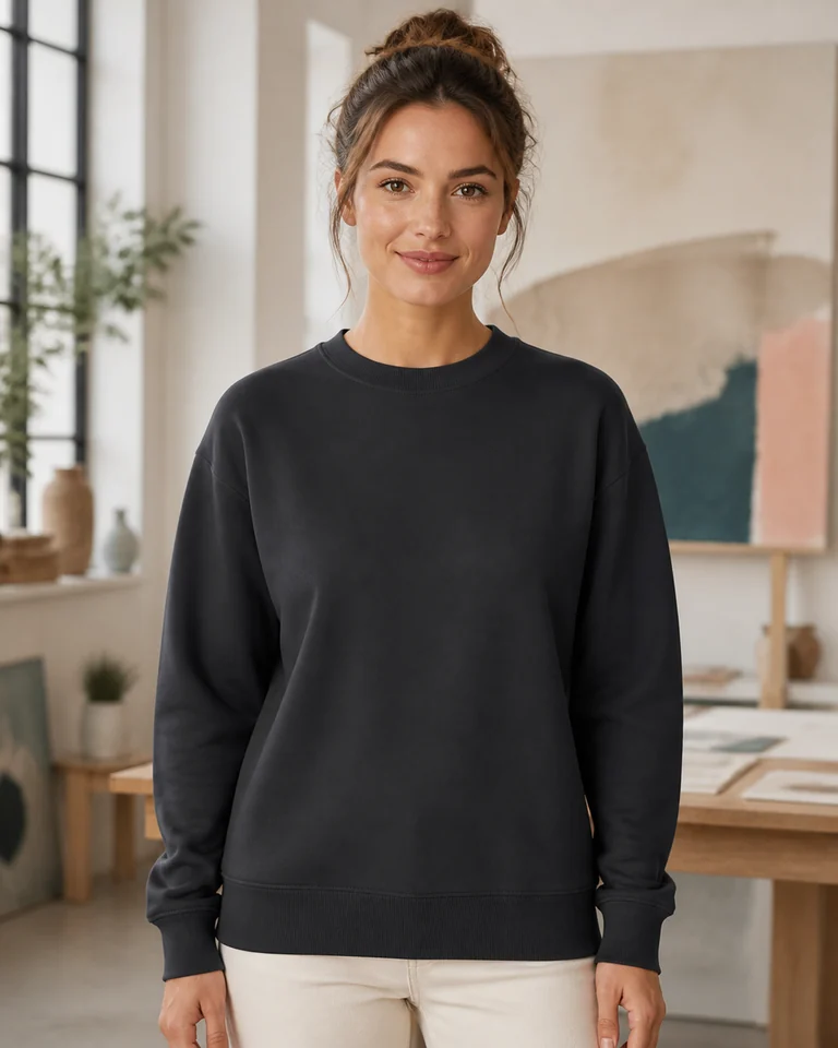 Model in einem personalisierten Sweatshirt